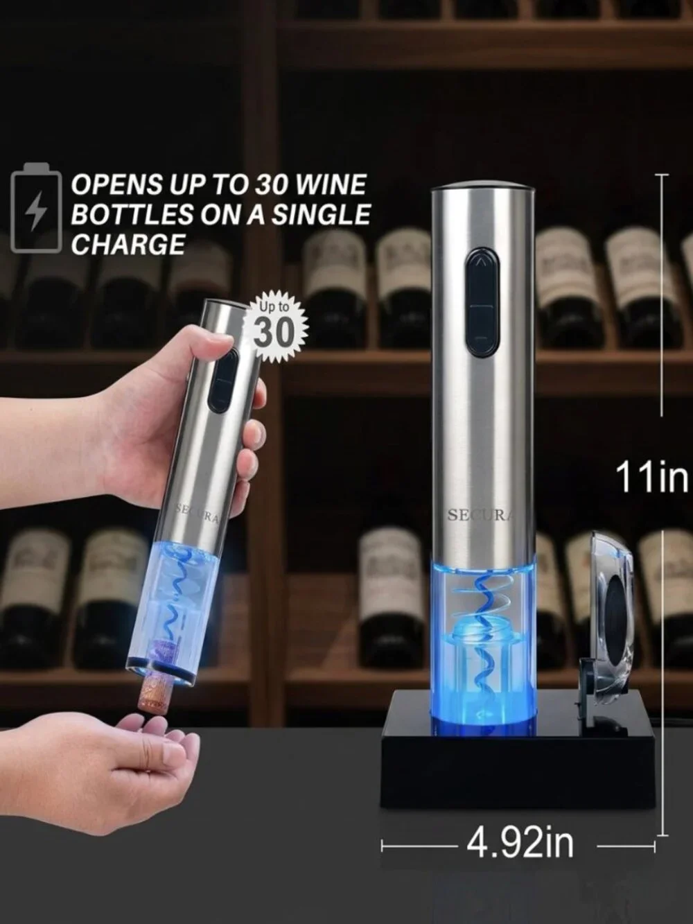 NWOT | Secura Stainless Steel Rechargeable Electric Wine Opener + Blue LED Light